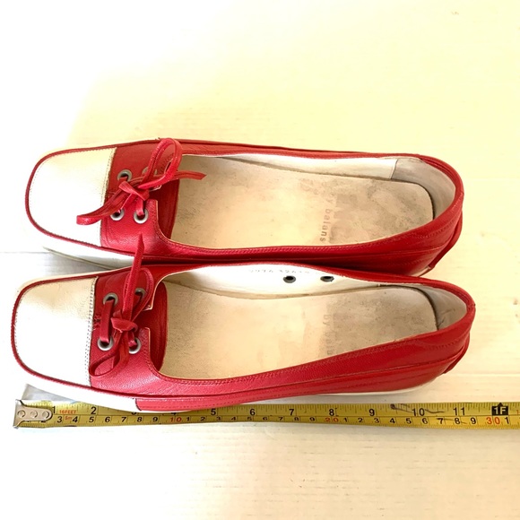 Red real leather comfortable no-slip walking shoes white cap toe cute tie bow 40 - Picture 9 of 10